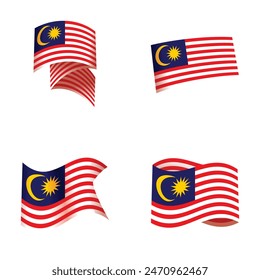 Collection of four different styled malaysian flags fluttering, isolated on white