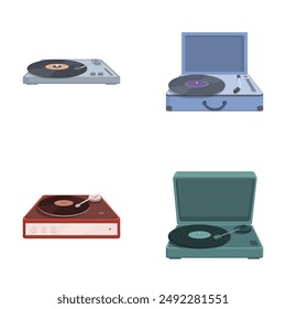 Collection of four different styled turntables, representing the evolution of vinyl record players