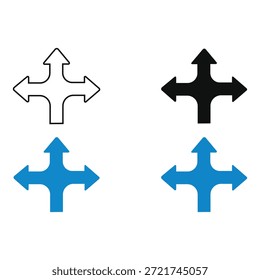 Una colección de cuatro estilos diferentes de flechas que apuntan hacia afuera desde el centro, que representan conceptos como expandir, pantalla completa, mover o cambiar el tamaño de las acciones. Incluye contorno, negro sólido y azul sólido