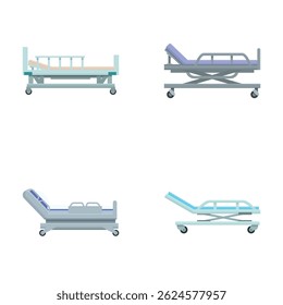 Collection of four different styles of hospital beds isolated on white background
