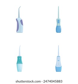 Collection of four different styles of water flossers for dental hygiene isolated on a white background