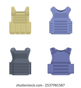 Collection of four different tactical vest icons, isolated on a white background, in flat design style