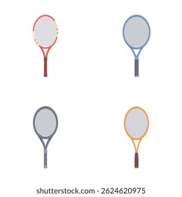 Colección de cuatro raquetas de tenis diferentes en varios colores aislados en blanco