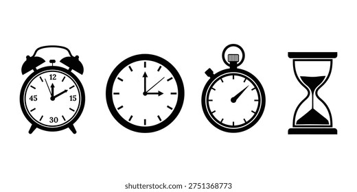A collection of four different time keeping devices including an alarm clock round clock pocket watch and hourglass on a white background