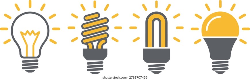 A collection of four different types of light bulbs, including incandescent, spiral CFL, tube CFL, and LED, representing evolution in lighting technology.