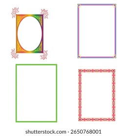 A collection of four different vector frames and borders, suitable for a variety of design projects. This set includes a colorful rainbow gradient frame with an oval opening and flourishes, a red geom