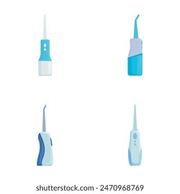 Collection of four different water flossers for dental hygiene isolated on white