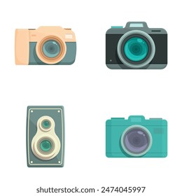 Collection of four digital cartoon illustrations featuring cameras and a speaker, isolated on white