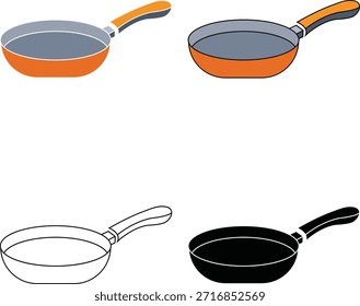Una colección de cuatro ilustraciones digitales de una sola sartén, presentadas en una distribución de cuadrícula sobre un fondo blanco. La fila superior presenta dos versiones a todo color de la sartén con un exterior naranja y un interior antiadherente gris. La fila inferior presenta la misma sartén en dos estilos monocromáticos: un dibujo de contorno negro a la izquierda y una silueta negra sólida a la derecha. Este conjunto gráfico es adecuado para diversas aplicaciones de diseño relacionadas con la cocina, utensilios de cocina y artes culinarias.