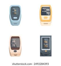 Collection of four digital pulse oximeters showing different oxygen saturation levels and pulse rates