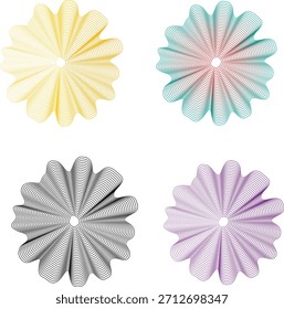 A collection of four distinct abstract geometric floral motifs in yellow, teal, gray, and purple, each rendered with fine line detail and isolated on a white background.