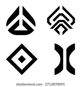 Una colección de cuatro símbolos geométricos abstractos distintos presentados en un estilo monocromático minimalista. Estos versátiles Elementos gráficos son ideales para proyectos de marca, logotipos y diseño moderno.