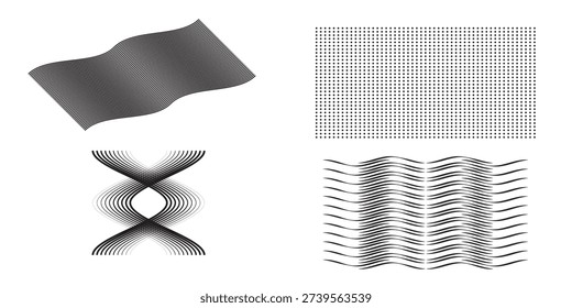 A collection of four distinct abstract graphic elements, including a wavy surface, a grid, and two stylized wave patterns.