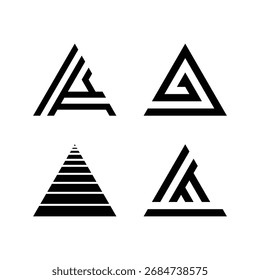 Una colección de cuatro íconos de triángulos abstractos distintos cada uno con un concepto de diseño geométrico único perfecto para proyectos creativos y de marca modernos.