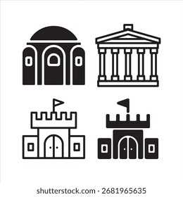 Sammlung von vier verschiedenen architektonischen Gebäudesymbolen in einem einfachen Grafikstil
