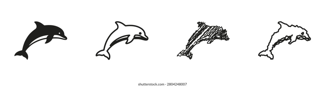 A collection of four distinct artistic interpretations of a dolphin leaping, showcasing variety in visual representation