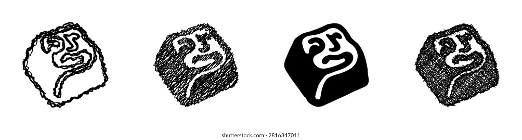 A collection of four distinct artistic interpretations of a single face symbol, ranging from rough sketch to solid silhouette