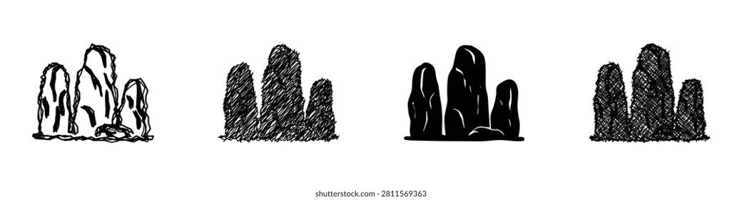 A collection of four distinct artistic renditions of rock formations, showcasing different drawing styles and textures