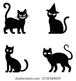 A collection of four distinct black cat vector graphics perfect for Halloween themes, featuring various poses and expressions, all clearly visible against a white backdrop.