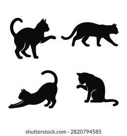 A collection of four distinct black cat silhouettes featuring various poses, including walking, stretching, sitting, and playing, isolated on a clean white background for versatile graphic design use.