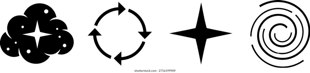 Uma coleção de quatro formas geométricas pretas distintas e símbolos dispostos horizontalmente sobre um fundo branco plano, mostrando desenhos abstratos.