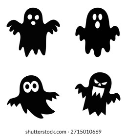 Colección de cuatro íconos de fantasmas negros distintos con varias expresiones como sorprendido, feliz y aterrador, perfecto para decoraciones de temporada espeluznantes y proyectos de diseño.