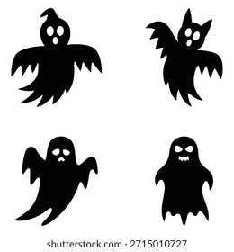 Colección de cuatro figuras de fantasmas negros distintos, perfecto para la decoración de Halloween, invitación a la fiesta o proyectos de Diseño gráfico temáticos espeluznantes, todos aislados en blanco.