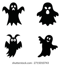 A collection of four distinct black ghost silhouettes, perfect for Halloween themes, featuring different expressions like surprise, fear, and a friendly smile, all presented clearly on a white backdro