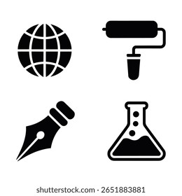 A collection of four distinct black icons arranged in a two-by-two grid. The icons depict a globe, a paint roller, a fountain pen nib, and a laboratory flask.