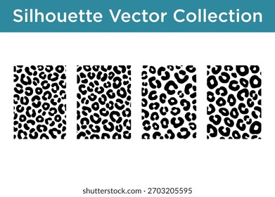 Coleção de quatro padrões de vetor de silhueta de impressão de leopardo preto distintos em um fundo branco.
