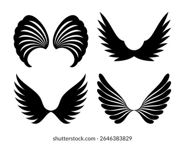 Collection of four distinct black silhouette wing designs featuring varied feather styles and arrangements on a white background