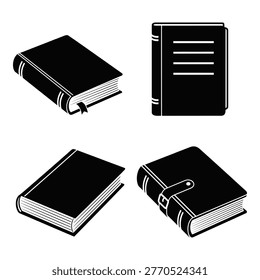 Collection of four distinct black silhouette books with varying covers and bindings isolated on a white background icon