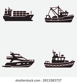 A collection of four distinct black silhouette icons depicting various watercraft including a cargo container ship, a fishing trawler, a modern luxury yacht, and a small pilot boat. Each subject is isolated on a white background and a transparent background.