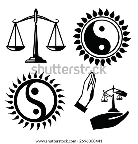 A collection of four distinct black silhouette designs representing various symbols of balance and equilibrium, perfect for conceptual graphics.