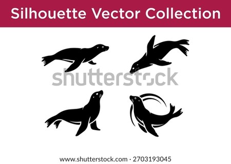 A collection of four distinct black silhouette vector illustrations of seals in various poses, isolated on a white background.