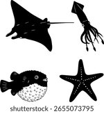 A collection of four distinct black silhouettes of ocean creatures. The image features a manta ray, a squid, a pufferfish, and a starfish, all against a white background.