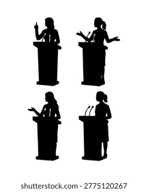 A collection of four distinct black silhouettes of women standing at podiums, each gesturing while speaking into microphones