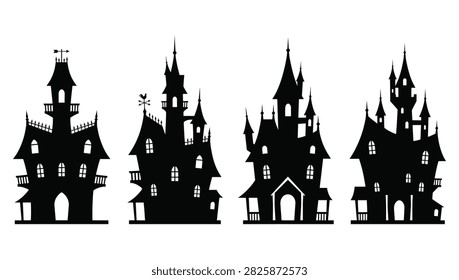 A collection of four distinct black silhouettes of haunted houses, featuring gothic architecture, towers, and eerie designs for Halloween decorations.