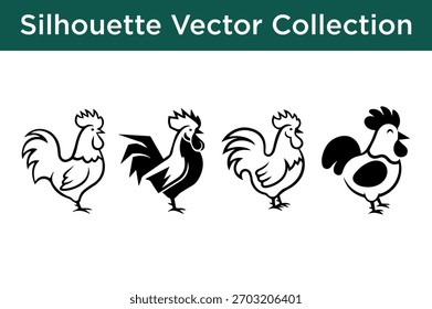 Uma coleção de quatro ilustrações de vetor de silhueta preto e branco distintas de galos, mostrando vários estilos artísticos e poses.