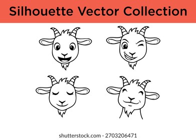 A collection of four distinct black and white silhouette illustrations of goat faces, each with a unique expression.