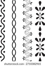 Uma coleção de quatro bordas ornamentais distintas em preto e branco, com linhas onduladas, pontos, elos de cadeia, padrões florais e formas geométricas, perfeitas para elementos de design decorativo.