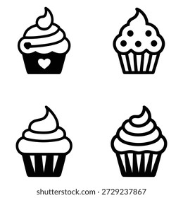 Una colección de cuatro iconos de contorno en blanco y negro distintos que representan varios estilos de deliciosos cupcakes, perfectos para menús de postres, blogs para hornear o dulces.