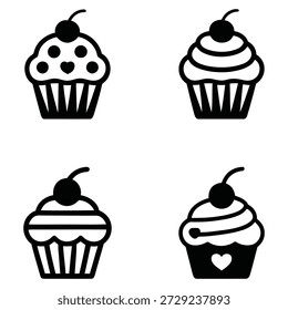 Una colección de cuatro iconos de líneas de arte en blanco y negro que representan deliciosos cupcakes, cada uno adornado con una sola cereza en la parte superior, perfecto para cualquier proyecto de diseño de temática dulce.