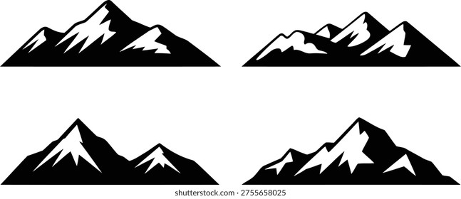 A collection of four distinct black and white mountain symbols, each showcasing prominent snowy peaks on a pristine white canvas.