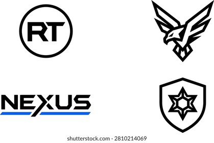A collection of four distinct black and white graphic logos including an eagle emblem and text designs