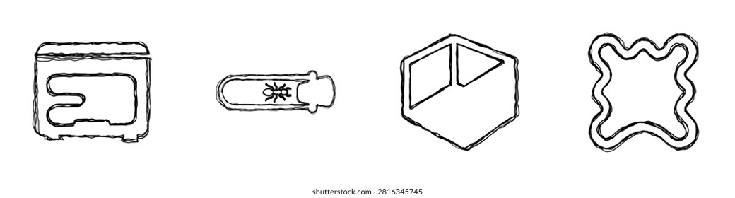 A collection of four distinct black and white line art icons, each with a unique abstract design and symbolic meaning