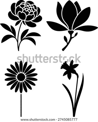 A collection of four distinct black and white floral illustrations