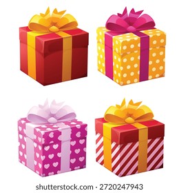 Colección de cuatro cajas de regalo envueltas de colores brillantes distintos con varios patrones como corazones y rayas de lunares sólidos, cada una rematada con un prominente arco decorativo que indica emoción y alegría navideña para cualquier evento especial o promoción de temporada.