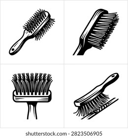 A collection of four distinct brushes presented in a vintage illustration style, showcasing different bristle types and handle designs.