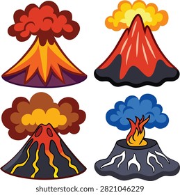 Collection of four distinct cartoon volcanic eruptions with smoke and lava flows. Colorful volcanic activity designs for scientific presentation eps.
